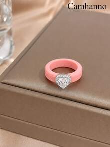 1pc Pink Soft Silicone Ring With Heart Halo Zirconia Accessories, Skin Friendly And Wear‑Resistant, Versatile Ring For Daily Atmos - Silver - View 10