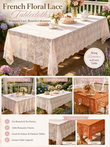 1pc French Floral Lace Tablecloth, Hollow Floral Pattern Rectangular Tablecloth, Romantic Atmosphere Decorative Dining Tablecloth, Suitable For Restaurant, Patio, Balcony, Outdoor, Home Party Decoration - Multiple Styles - View 5