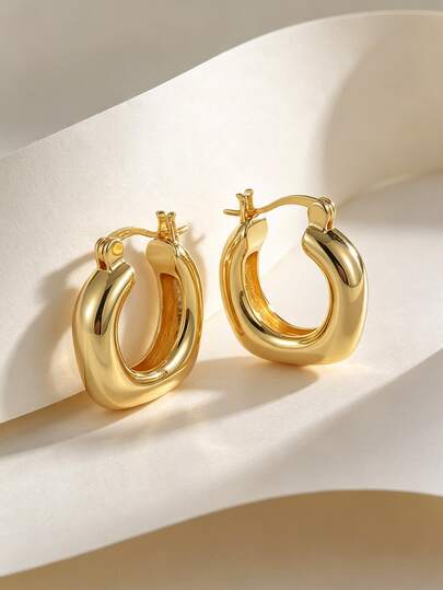 Charm-In Women's 18K Gold Plated Copper Thick Hoop Huggie Earrings, Polished Retro Geometric Earrings, Versatile Fashion Ear Accessory For Daily Outfits