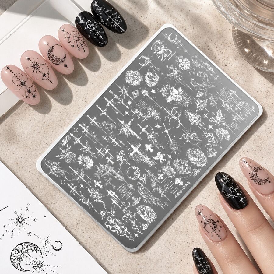 Nail Art Transfer Stamping Plates, Multiple Star Moon Floral Patterns, Sword Element, Stainless Steel Material, Easy Transfer, Portable, Simple To Use, Nail Salon DIY Tool, Use With Scraper And Transfer Glue, Nail Salon DIY Tool - Multicolor - View 1