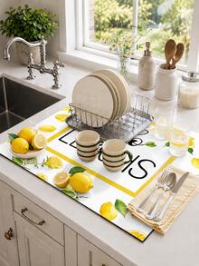 1pc Yellow Lemon Letter Pattern Dish Drying Mat, Fresh Summer Pastoral Style, Quick-Drying Absorbent Material, Fruit Text Print Design, Non-Slip Surface Protection, Suitable For Daily Kitchen, Dish Drying, Home Gatherings And Home Decor - Multicolor - View 5
