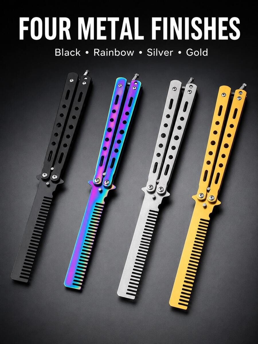 Foldable Butterfly Comb Steel Practice Comb Training Tool Non-Sharp Stainless Steel Suitable For Outdoor Beginners, Hair Brush, Hair Styling Tool, Hair Brush, Edge Brush Hair Comb, Hair Product Accessories Back To School, Travel Vacation Essentials - Multicolor - View 1