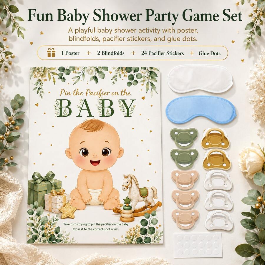 28pcs Baby Shower Game Props Set: Attach Pacifier To Baby, Sage Green Theme Baby Shower Decorations, Includes Game Poster And 24 Stickers, Comes With Blindfold, Suitable For Sage Green Theme Newborn Party, Birthday Party And Other Celebration Occasions, Perfect Choice For Baby Shower Interactive Games - Green - View 1