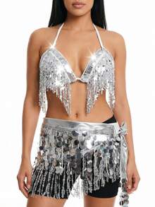 Sequin Fringe Halter Triangle Dance Top Tie Wrap Pailette Sequin Hip Scarf Belly Dance Stage Rave Party Outfit Multi-Color Available - Multicolor - View 6