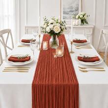 12pcs Clay Color Gauze Table Runner, 35*120 Inch Sheer Table Runner, Semi-Transparent Pleated Bohemian Country Style Table Runner, Suitable For Wedding Party, Baby Shower, Birthday, Bridal Shower, Thanksgiving, Friendsgiving, Engagement Party, Home Decor - Rust Red - View 7