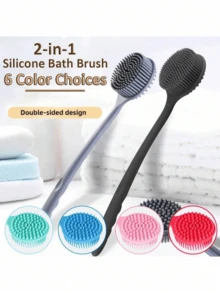 Silicone Bath Brush, Long Handle Back Scrubber, Double-Sided Brush, Body Massage Bathing Scrubber, Bathroom Accessory, Back To School Gift, Home Decor, School Supplies - Multicolor - View 4