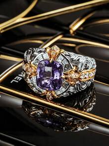 Vintage Dual-Tone Hollow Twisted Carved Amethyst Couple Rings For Women And Men, Synthetic Zirconia Niche Design Index Finger Ring, Gift Jewelry - White Purple - View 4