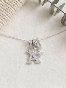 1pc Crown Letter & Four-Pointed Star Necklace, Copper Zirconia Initial Necklace, Jewelry Gift For Girls Party, Date, Vacation, Birthday, Daily Wear - Silver - View 5