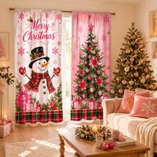 2 Pieces Are Installed Using Pocket Rod Method. They Feature A Pink Snowman Christmas Tree Pattern And Are Made Of Digital Printed Fabric. They Are Suitable For Living Room, Closet, Bedroom, Study, Dining Room And Home Decoration. - Multicolor - View 2