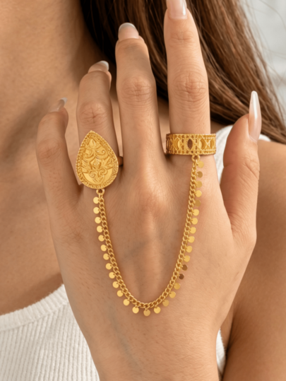 1 pièce pièce Bague de doigt style Old Money en métal avec fleur de marguerite et chaîne à franges, convient pour les vacances, les fêtes, les rendez-vous, le port quotidien