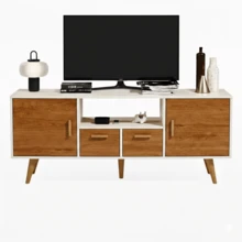 Rack Barcelona para TV em MDF com 2 Portas e 2 Gavetas – Design Moderno e Elegante - Off White/Freijó - 1PC - Visão 6