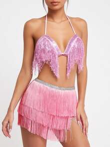 Sequin Draped Fringe Halter Top Rhinestone Waistband Multi‑Layer Fringe Slit Dance Hip Scarf Party Performance Outfit (Multiple Colors Available) - Multicolor - View 16