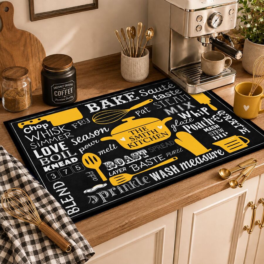 1pc Black Background Yellow & White Kitchen Utensil Letter Pattern Dish Drying Mat, Vintage American Kitchen Style, Absorbent Fabric, Rectangular Edged Design, Water-Absorbent Stain-Resistant Heat-Insulating Countertop Protection, Suitable For Kitchen Sink, Coffee Machine, Dish Drying, Baking Countertop, Daily Home Decor, All Seasons - Multicolor - View 1