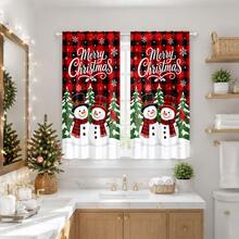 2 Pieces Of "Merry Christmas" Text, Red And Black Buffalo Check Christmas Printed Semi-Transparent Curtains, Pole Bag Curtains, Suitable For Living Room, Bedroom And Home Decoration, Machine Washable, Hookless - Multicolor - View 2