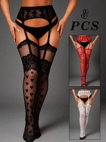 3/1 Pair Black White Red Women's Fishnet Suspender Pantyhose, Heart Floral Pattern Thigh High Stockings With Garter Belt, Summer Travel Party Cosplay Gift - Multicolor - View 11