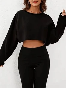 2pcs/Set Women's Solid Color Round Neck Long Sleeve Cropped Knit Pullover, Casual Fashion Sweatshirt - Black + White - View 4