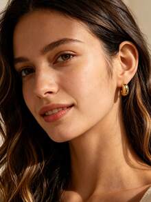 Charm-In Women's Glossy Chunky C-Curve Stud Earrings, Copper 18K Gold Plated Thick Dome Earrings, Fashion Jewelry For Dating & Office Outfits - Gold - View 3