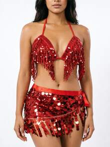 Sequin Fringe Halter Dance Top Wrap Tie Hip Skirt Belly Dance Stage Performance Outfit Multi‑Color Available - Multicolor - View 1