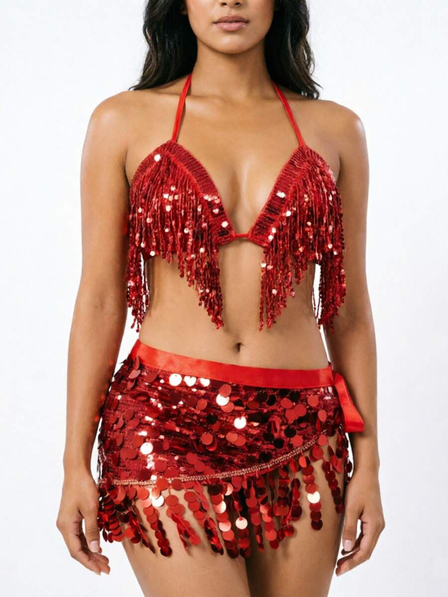 Sequin Fringe Halter Dance Top Wrap Tie Hip Skirt Belly Dance Stage Performance Outfit Multi‑Color Available - Multicolor - View 1