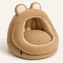 Brown Bear Ear Semi-Enclosed Pet Bed, Soft Teddy Fleece Texture Cat Cave Bed With Cushion, Suitable For Cats And Small Dogs Indoor Autumn/Winter Pet Bed, S/M/L 3 Sizes - Brown - View 7