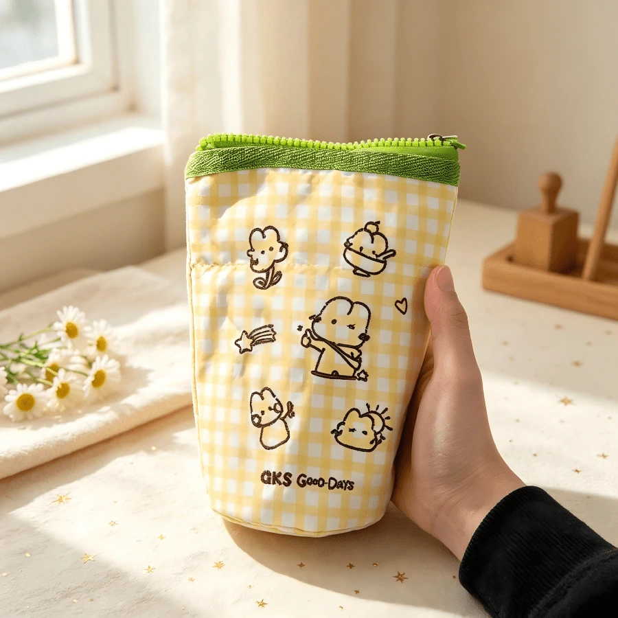 1pc Cream Yellow Plaid 3D Heavy-Duty Pencil Case, Fresh Embroidered Cartoon Animal Pattern, Contrast Fluorescent Green Zipper Design, Fluffy Padded Fabric, Vertical Cup-Shaped Structure, Expanded Storage For Various Writing Tools. Korean-Style Gentle Healing Art Style, Suitable For Students' Daily Schoolwork, Also Can Store Makeup Accessories, Neat And Sturdy Stitching, Compact And Portable, Desk Atmosphere Essential, Perfect For Personal Use Or Gifting To Classmates. - Multicolor - View 1