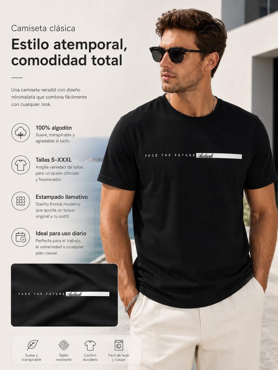 Camiseta de hombre, estampada, de manga corta, cuello redondo, corte holgado, estilo informal, adecuada para el uso diario - Negro - Ver 1