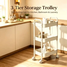 3‑Tier Rolling Storage Trolley Cart On Wheels, Narrow Space Organiser Rack For Kitchen, Bathroom & Laundry Room - White - View 1