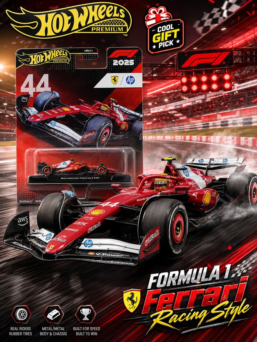 Hot Wheels Premium F1 Ferra-Ri HP Racing Car #44 Die-Cast Model, 1:64 Scale Formu-La 1 Collectible Vehicle With Authentic Team Details, High Speed Motorsport Design, Scuderia Ferrari Racing Collection - Multicolor - View 1