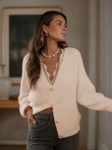 Women's Knit Cardigan, V-Neck, Rhinestone Buttons, Loose Front Opening, Suitable For Daily Autumn/Winter Wear, Back To School Style White Fall - White - View 2