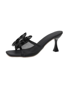 1 Pair Women's Black Square Toe Mule Sandals, Mesh Upper Bow Rhinestone Decor Slip‑On Flare High Heel Slides - Black - View 9