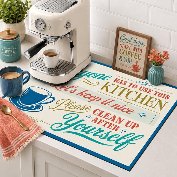 1 buah Alas Meja Penyerap Air Motif Cangkir Kopi Huruf Biru & Oranye, Gaya Dapur Amerika Klasik, Kain Penyerap Air, Desain Tepi Persegi Panjang, Tahan Noda dan Isolasi Panas untuk Melindungi Permukaan Meja, Cocok untuk Wastafel Dapur, Sudut Kopi, Pengeringan Piring, Dekorasi Rumah Sehari-hari, Sepanjang Musim
