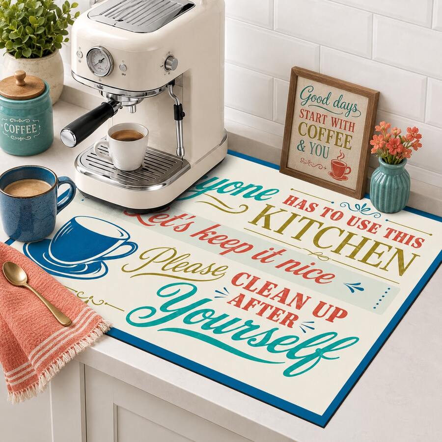 1pc Blue & Orange Letter Coffee Cup Pattern Absorbent Table Mat, Vintage American Kitchen Style, Water-Absorbent Fabric, Rectangular Edged Design, Stain-Resistant Heat-Insulating Countertop Protection, Suitable For Kitchen Sink, Coffee Corner, Dish Drying, Daily Home Decor, All Seasons - Multicolor - View 1