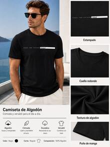 Camiseta de hombre, estampada, de manga corta, cuello redondo, corte holgado, estilo informal, adecuada para el uso diario - Negro - Ver 2