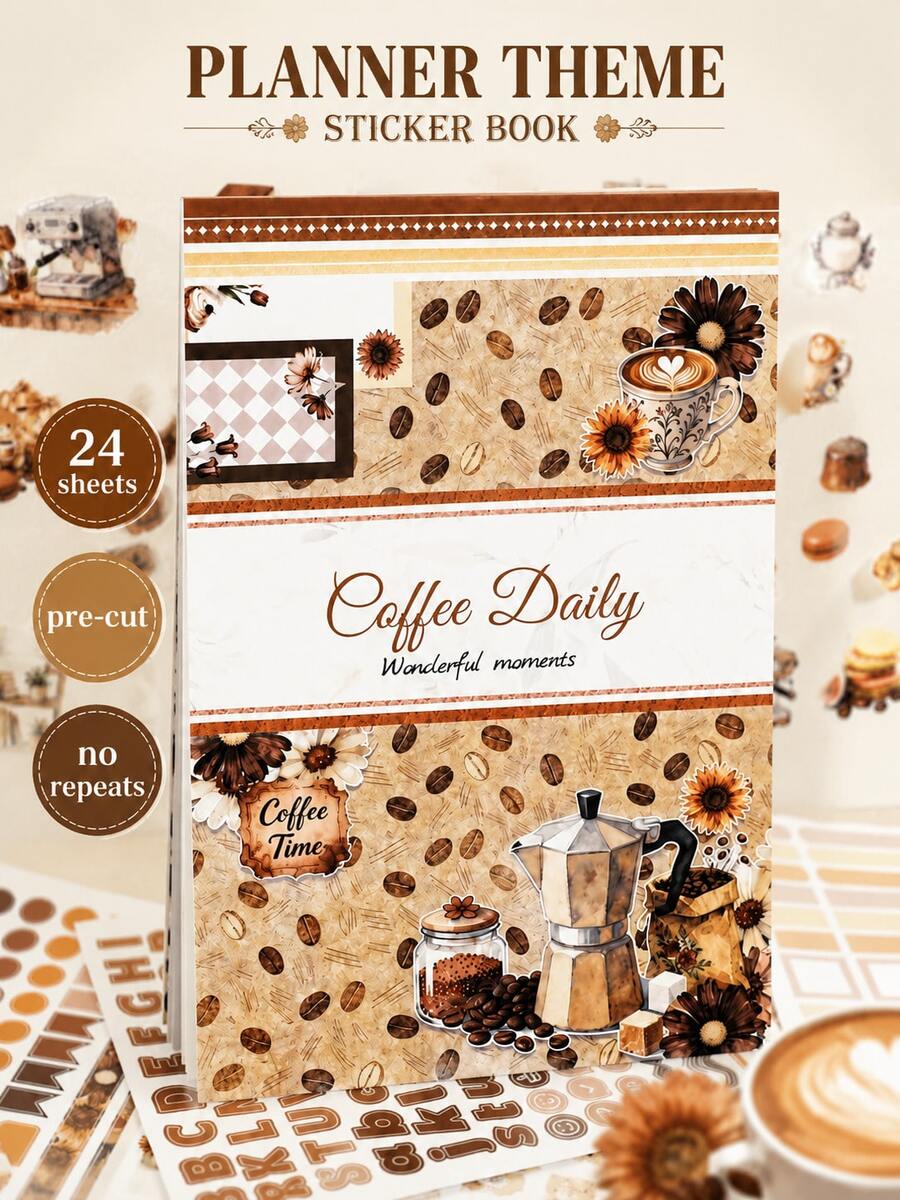 DanSoul 24 Large Coffee Theme Planner Sticker Book, Pre-Cut 3 Material Waterproof Matte PET Scrapbook Functional Sticker Set, Suitable For Bullet Journal Stationery Notebook Gift Office School Supplies Back To School - Scrapbook Stickers - View 1