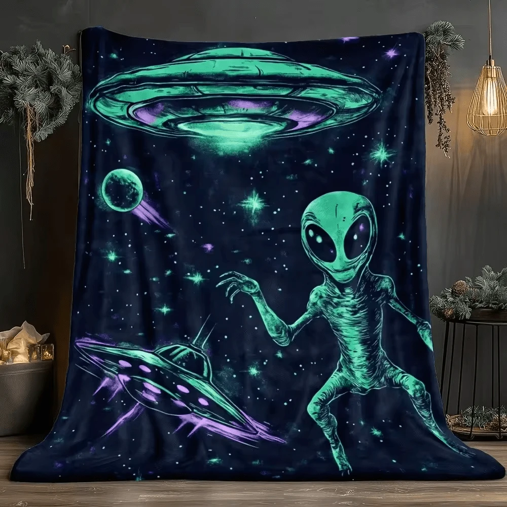 1pc Alien UFO Space Pattern HD Printed Flannel Throw Blanket ...