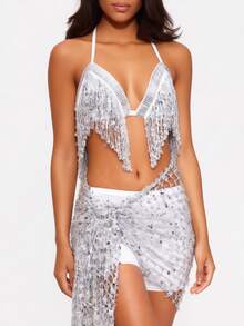 Coin Tassel Halter Top, Mesh Sequin Wrap Hip Scarf, Exotic Style Party Performance Outfit (Multiple Colors Available) - Multicolor - View 13