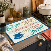 1pc Blue & Orange Letter Coffee Cup Pattern Absorbent Table Mat, Vintage American Kitchen Style, Water-Absorbent Fabric, Rectangular Edged Design, Stain-Resistant Heat-Insulating Countertop Protection, Suitable For Kitchen Sink, Coffee Corner, Dish Drying, Daily Home Decor, All Seasons - Multicolor - View 2