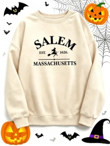 Halloween Apricot Sweatshirts Women Oversized Salem Massachusetts Shirts Printed Tops Spring Fall Holiday Crew Neck Pullover,Vacation Outfits Women - Apricot - View 2