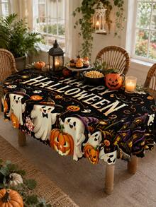 「Spooky Pumpkin」黑色萬聖節桌布，復古幻想風，印有南瓜燈籠、鬼屋與糖果圖案，適合萬聖節派對、秋季居家裝飾及廚房餐桌使用 - 彩色 - 查看 17