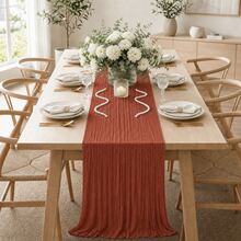 12pcs Clay Color Gauze Table Runner, 35*120 Inch Sheer Table Runner, Semi-Transparent Pleated Bohemian Country Style Table Runner, Suitable For Wedding Party, Baby Shower, Birthday, Bridal Shower, Thanksgiving, Friendsgiving, Engagement Party, Home Decor - Rust Red - View 3