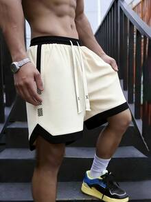 Men's Summer Drawstring Waist Colorblock Casual Daily Sports Shorts - Beige - View 3