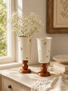 1pc French Vintage Ceramic Vase With Wooden Base, Floral Pattern Decorative Vase, Elegant Luxury Home Decor, Suitable For Living Room, Dining Table, Entryway, Shelf, Can Hold Fresh Flowers Or Dried Flowers, Unique Housewarming Gift, Ramadan And Eid Gift - Wooden High Legs - View 12