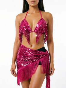 Sequin Fringe Halter Top Sequin Knotted Wrap Fringe Dance Hip Scarf Carnival Party Performance Outfit (Multiple Colors Available) - Multicolor - View 5