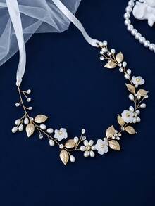 Pearl Flower Leaf Bridal Hair Vine, Gold/Silver Rhinestone Wedding Headband With Ribbon, Bohemian Style Bridesmaid Prom Party Hair Accessory - Multicolor - View 10