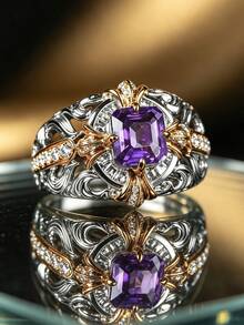 Vintage Dual-Tone Hollow Twisted Carved Amethyst Couple Rings For Women And Men, Synthetic Zirconia Niche Design Index Finger Ring, Gift Jewelry - White Purple - View 3