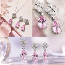 S925 Pure Silver Teardrop Powder Pendant Necklace And Earrings, Elegant And Exquisite Accessories, Suitable For Ladies' Wedding Banquets And Parties - Pink - View 5