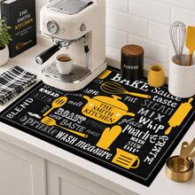1pc Black Background Yellow & White Kitchen Utensil Letter Pattern Dish Drying Mat, Vintage American Kitchen Style, Absorbent Fabric, Rectangular Edged Design, Water-Absorbent Stain-Resistant Heat-Insulating Countertop Protection, Suitable For Kitchen Sink, Coffee Machine, Dish Drying, Baking Countertop, Daily Home Decor, All Seasons - Multicolor - View 3