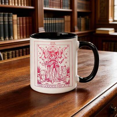 1pc Hecate Triple Moon Goddess Witch Mug - Wiccan Pagan Coffee Cup With Tarot Card Design, White Cup Suitable For Tea/Coffee, Pink & Red Goddess, Gift For Witches, For, Office, Or For Halloween Use