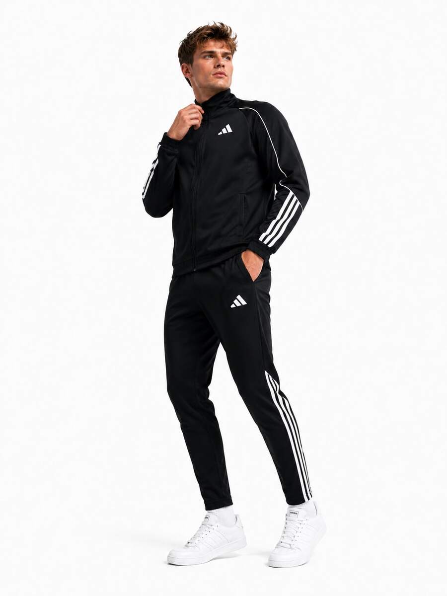 Adidas 2pcs Men's Knit Tracksuit Set, Stand Collar Jacket And Sweatpants - Black and White - View 1