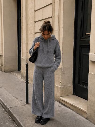 Women's Cozy Grey Fluffy Sweater Hoodie And Wide Leg Pants Set, Casual Fall Winter Loungewear Co-Ord